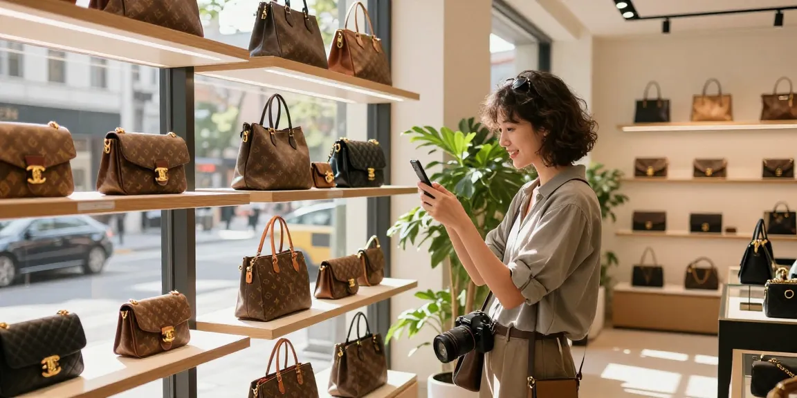 Shopping at a 레플리카 사이트 boutique featuring luxury replica handbags.