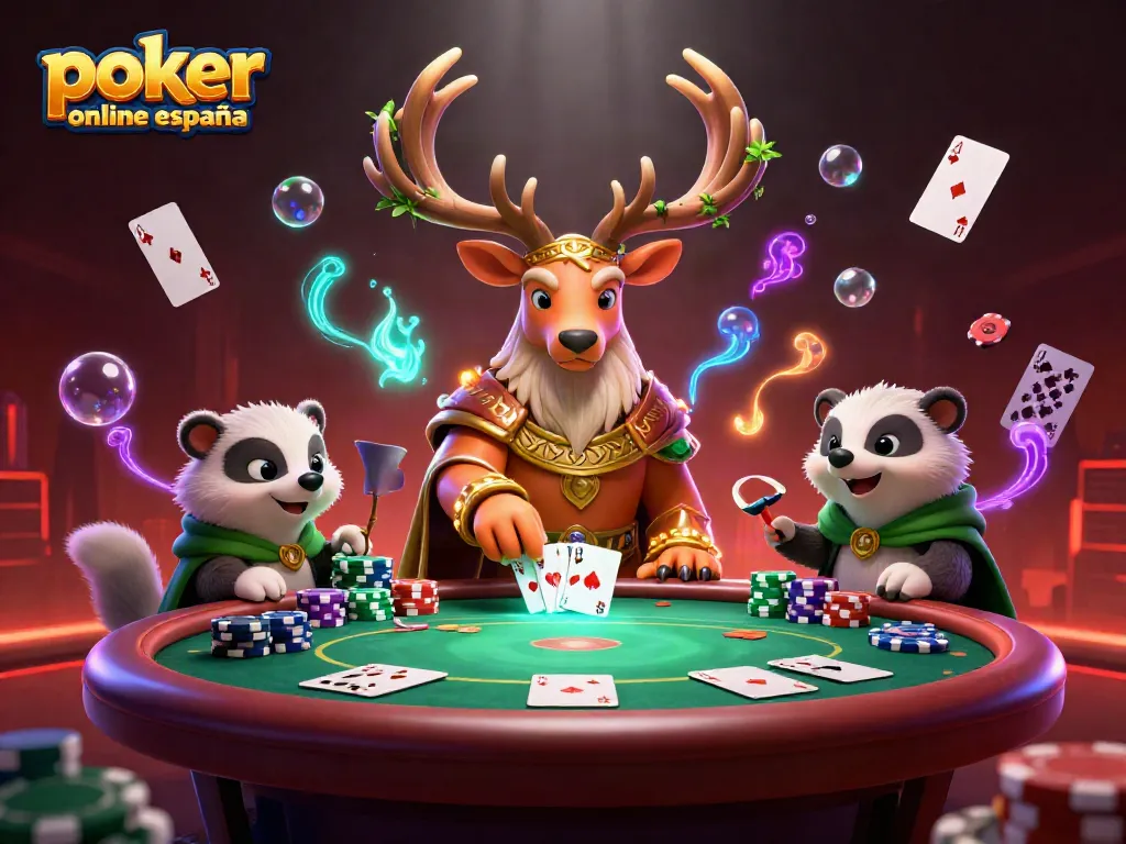 Juega al póker online España en una mesa llena de fichas y cartas, rodeado de elementos mágicos.