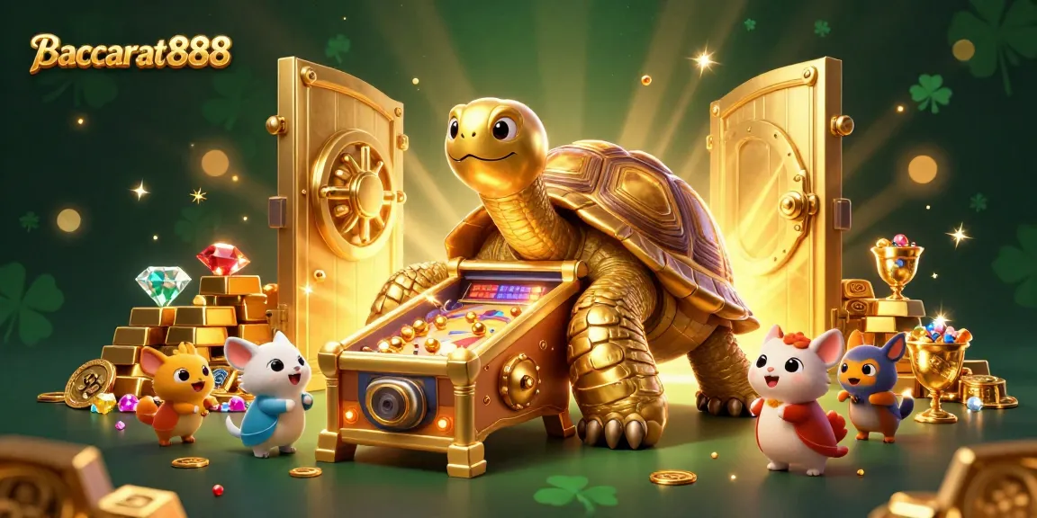 Baccarat888 showcases an exciting gaming experience with vibrant gold treasures and animated characters waiting to play.