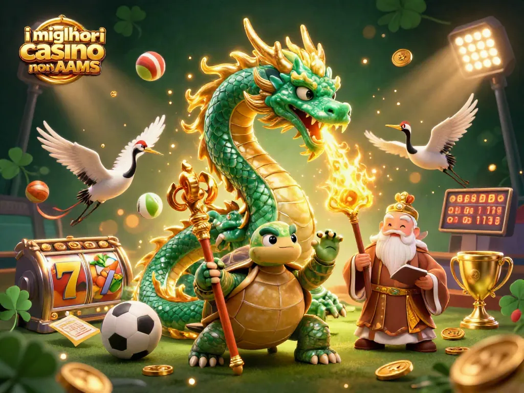 Scopri i migliori casino non AAMS con un drago giada e simboli di gioco in un'illustrazione coinvolgente.