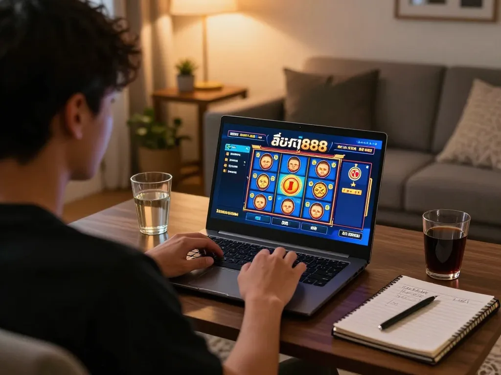 Engaged player enjoying สล็อต888 online gaming session from home, displaying gaming interface and strategic notes.