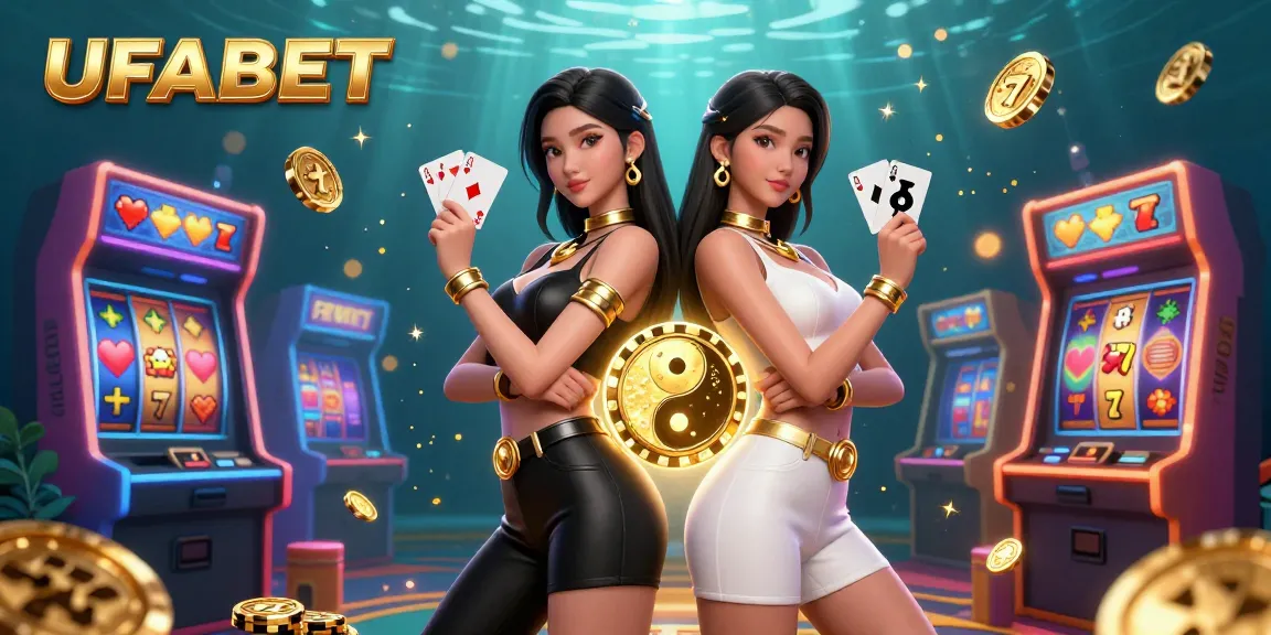 Experience dynamic gaming with UFABET as twin Asian women pose with cards amidst vibrant slot machines.