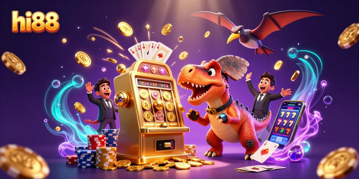 Experience the excitement of hi88 as cartoon dinosaurs interact with casino features in a vibrant scene.