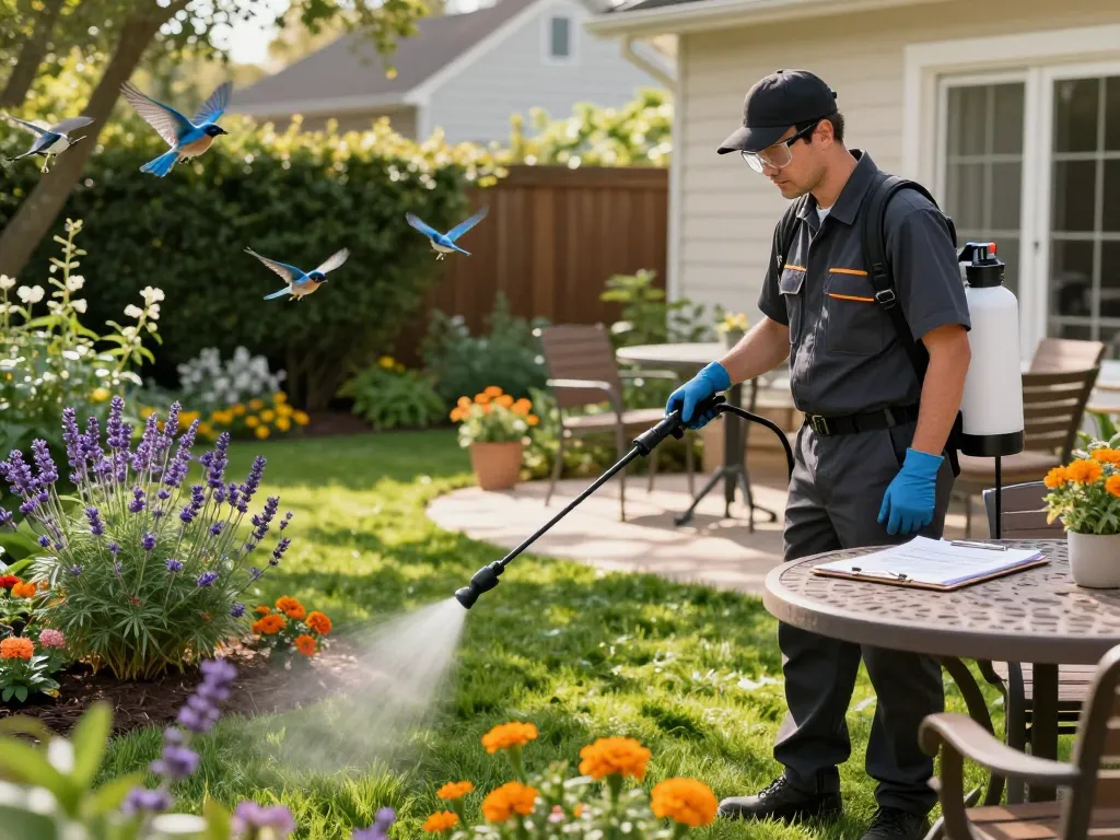Technician providing pest control treatment in a vibrant garden setting, ensuring home safety with eco-friendly methods.