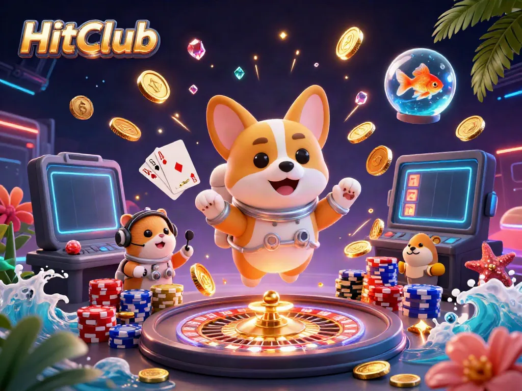 Experience the excitement of HitClub with a floating corgi astronaut in a vibrant casino.