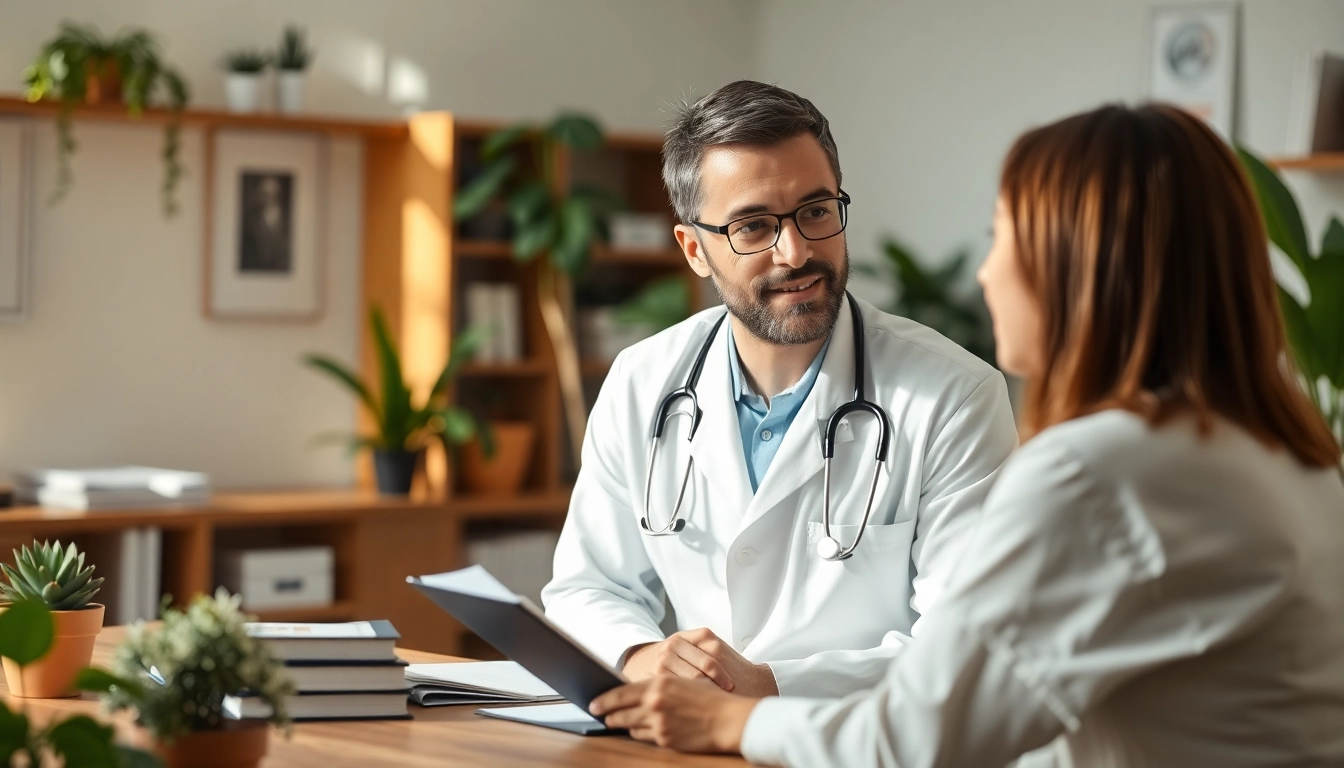 Engaging private GP consultation in a bright clinic, highlighting a doctor and patient interaction.
