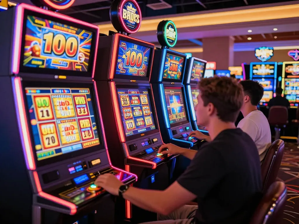 Exciting scene of players making a slot bet 100 at colorful machines in a lively casino.