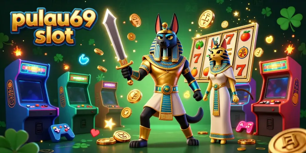 Experience the pulau69 slot adventure with vibrant slot reels, Anubis, and Bastet in a dynamic 3D scene.