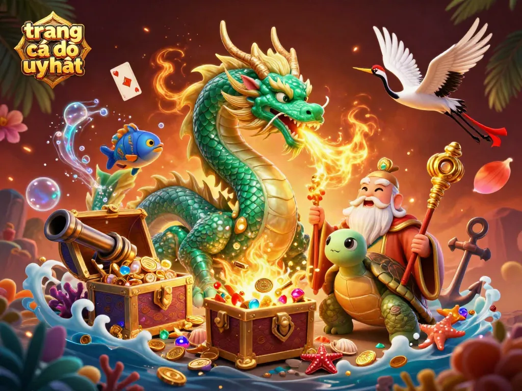 Các trang cá độ uy tín với rồng ngọc và rùa thông thái, hòa cùng hình ảnh may mắn trong một không gian đầy màu sắc.