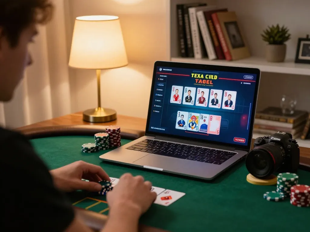 Engaged player at home using laptop for online poker game on the hidden wiki platform