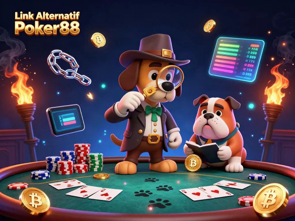 Engage with Link Alternatif Poker88 as a bloodhound detective discovers golden poker chips surrounded by vibrant crypto elements.