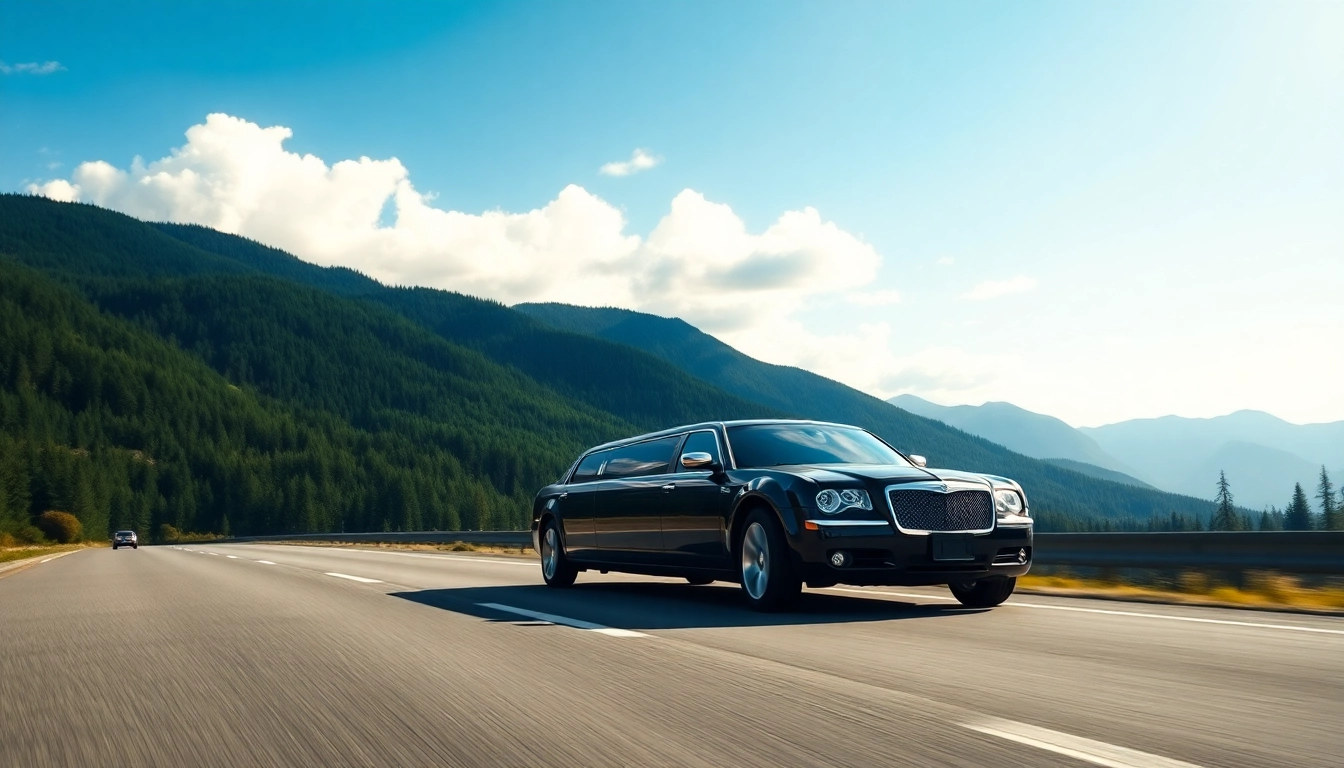 Luxury vancouver to seattle limo cruising along a scenic highway, showcasing a beautiful landscape.