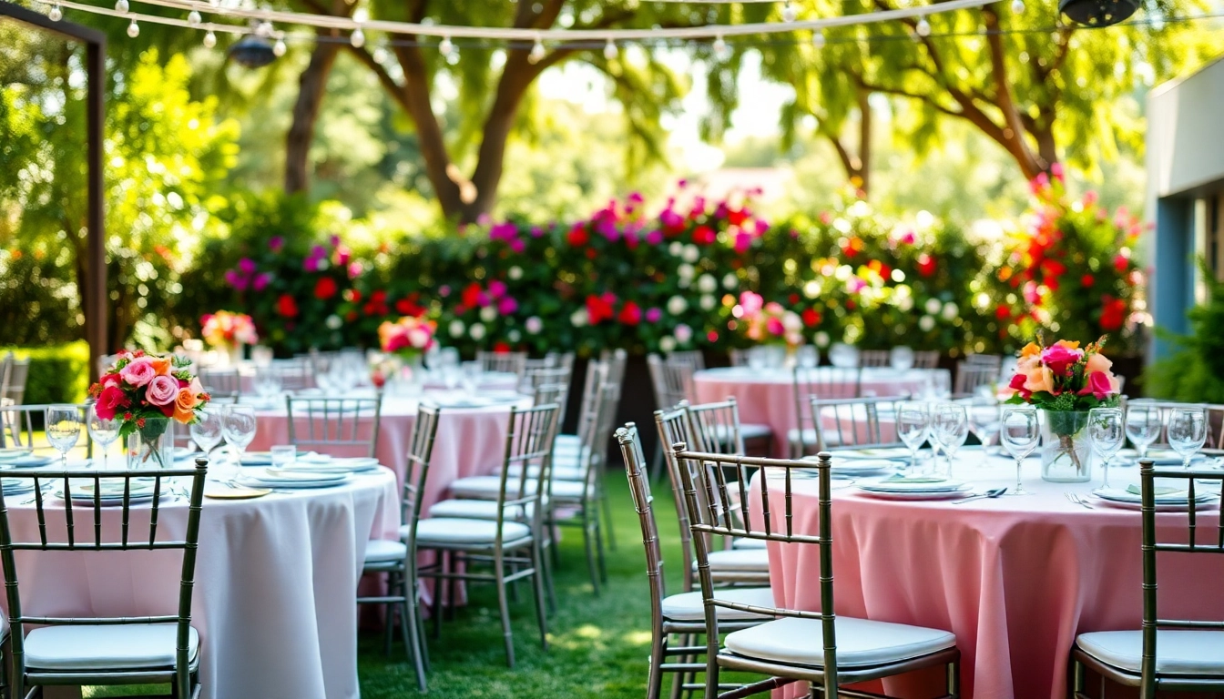Explore premium Table & Chair Rentals in a beautifully arranged outdoor event setting.