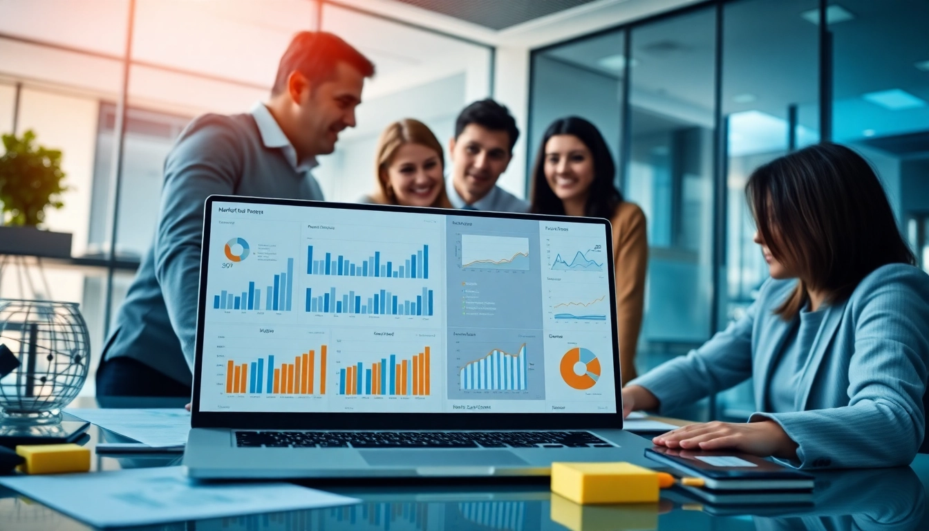 Visualize B2B competitive intelligence through professionals analyzing market data in a modern office.