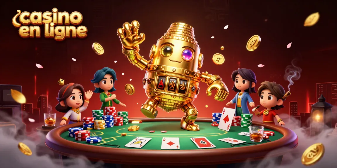Profitez des jeux de casino en ligne avec notre illustration dynamique d'un golem doré et des éléments de poker.