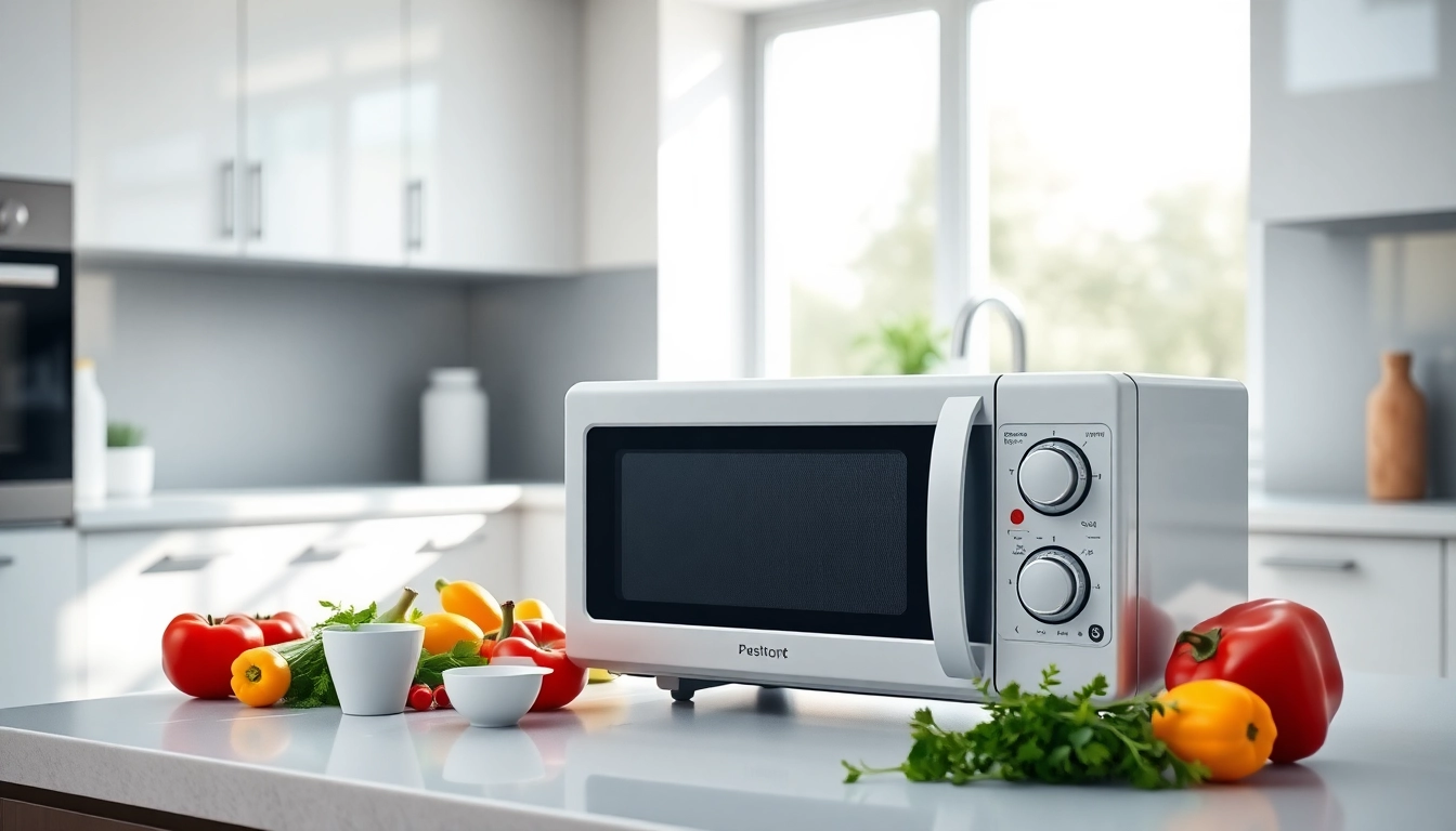 Engage in Microwave Oven Sales with a modern kitchen display featuring a sleek microwave oven.