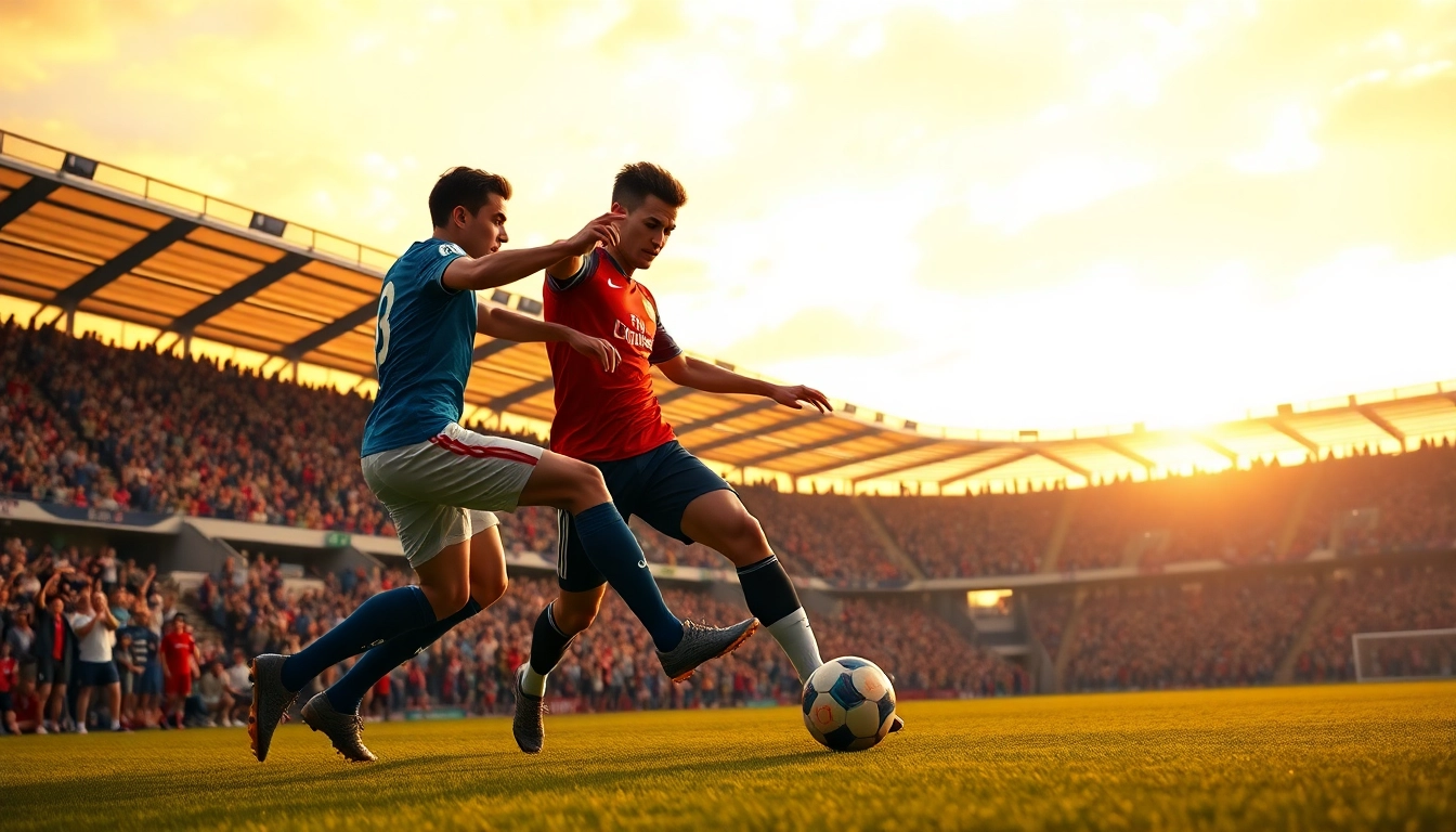 Soccer players competing for the ball in a dynamic match illustrating โปรแกรมฟุตบอลวันนี้.