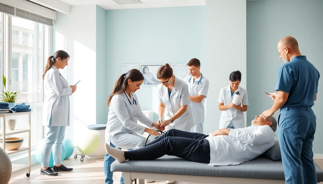 Practitioners providing physiotherapy london treatments in a welcoming clinic environment.