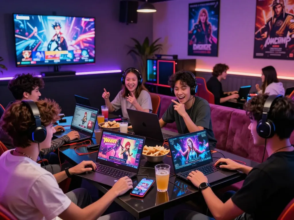 Gamers enjoying engaging porno games in a vibrant gaming lounge.