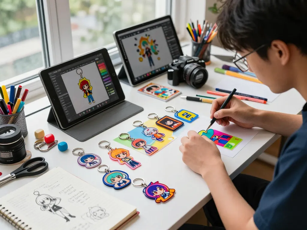 Artist designing vibrant acrylic keychain custom in creative workspace