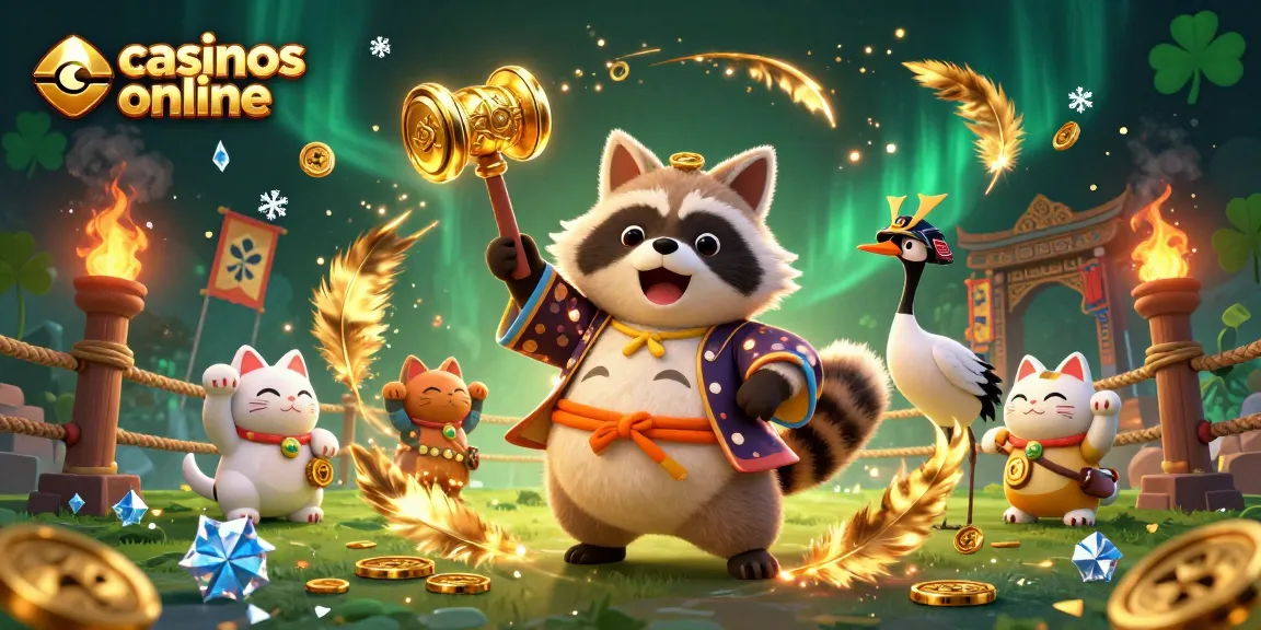 Disfruta de los mejores casinos en línea con esta vibrante escena de tanuki, grúas y gatos de la suerte.