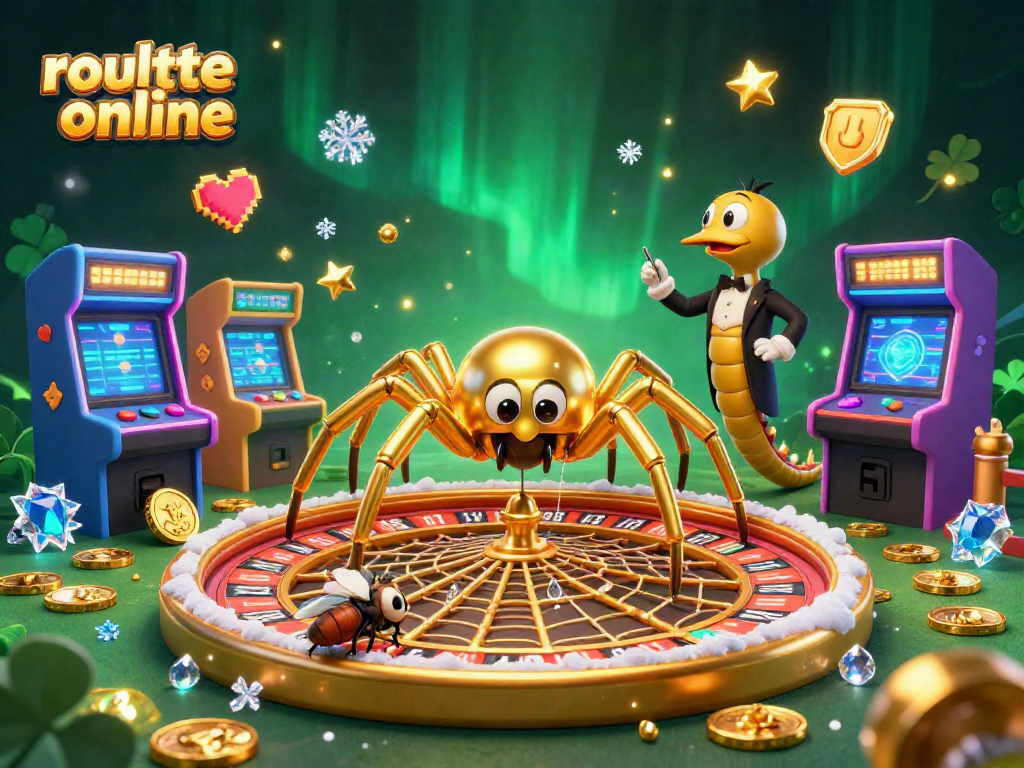 Engage in exciting roulette online gameplay with a golden spider and centipede croupier at a vibrant casino scene.