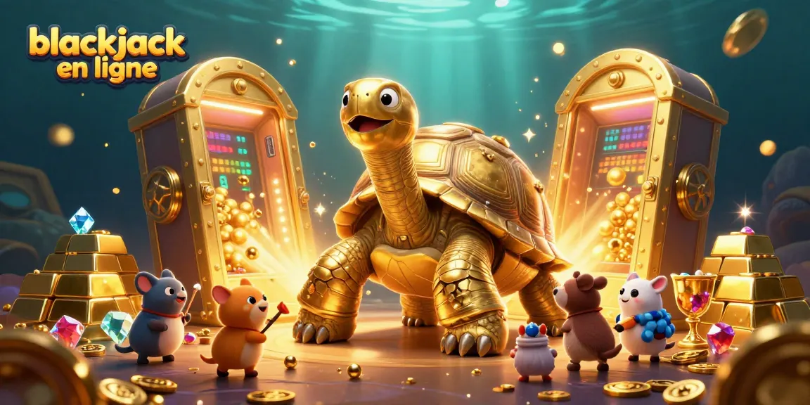 Participez à une partie de blackjack en ligne avec une tortue dorée et une ambiance de casino.