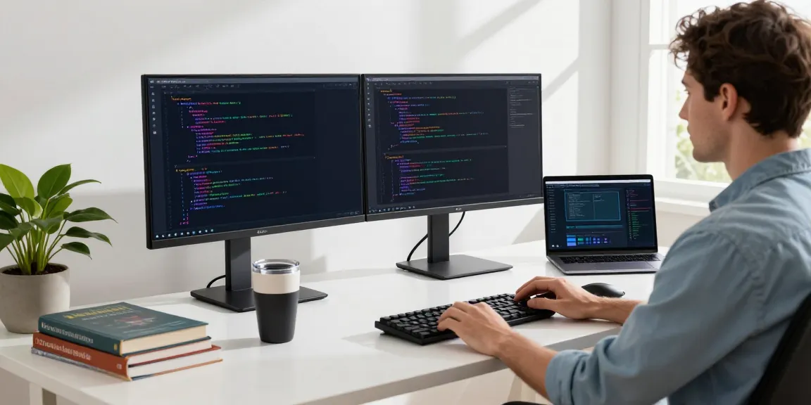 Developer using Notepad++ in a modern, light-filled workspace with dual monitors and coding tools.