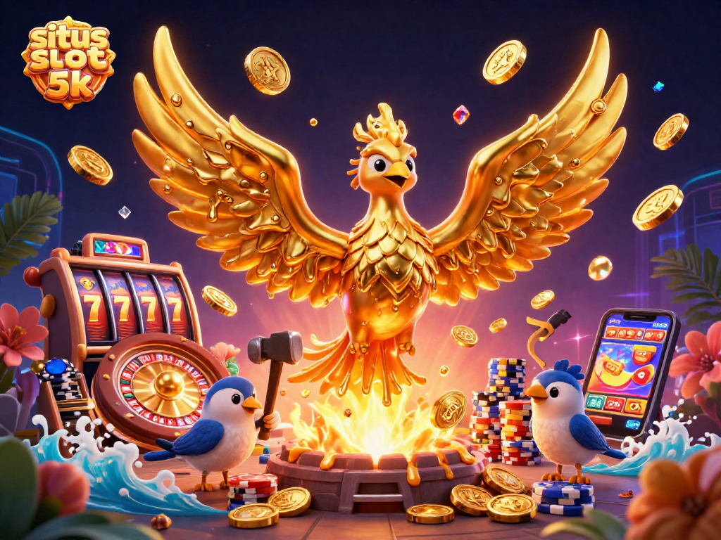 Play thrilling games at situs slot 5k with a captivating 3D illustration of casino elements.