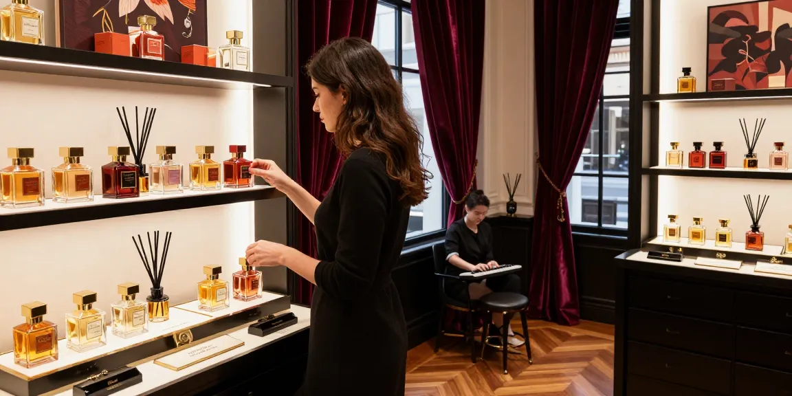 Browsing exquisite Maison Francis Kurkdjian (MFK) fragrances in a luxury boutique, warm ambience and elegant displays.