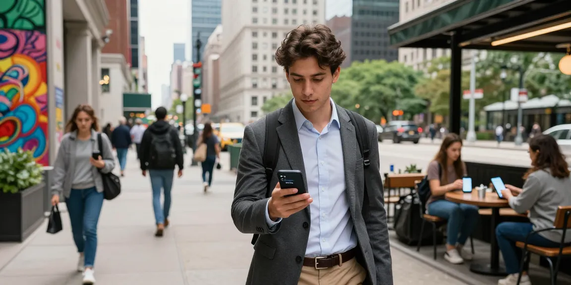Young professional using the 시카고페이 app in busy Chicago streets, highlighting urban convenience and digital payments.