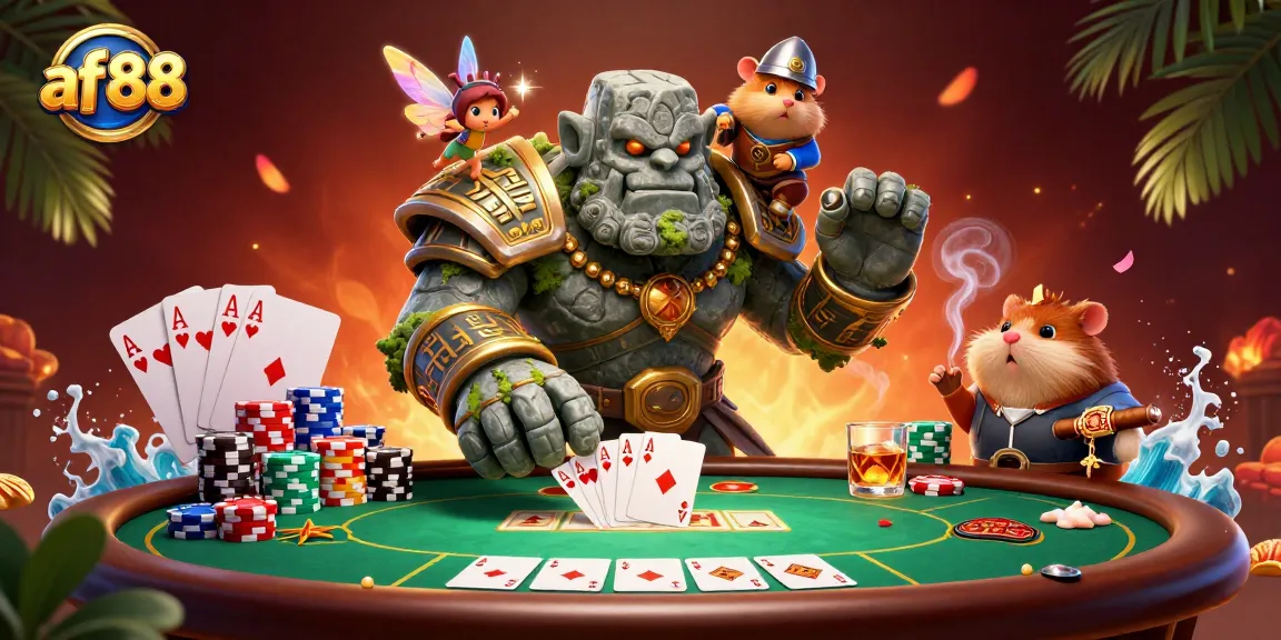 Play poker with excitement at af88, featuring a lively stone golem, fairy, and hamster knight.