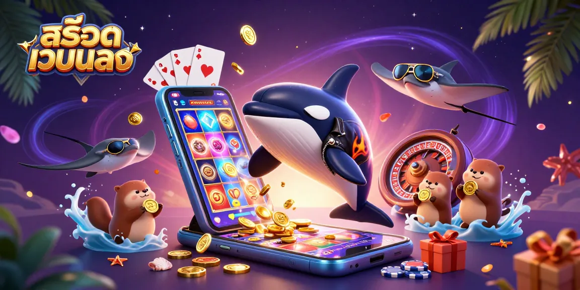 Experience excitement with สล็อตเว็บตรง featuring an orca whale and friends amidst slots and golden coins.