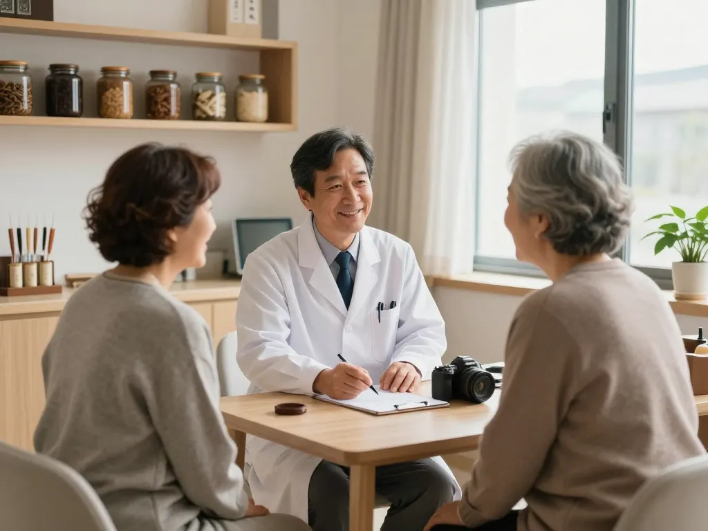 Consultation at 수원한의원 with compassionate doctor and patient in a tranquil clinic setting.