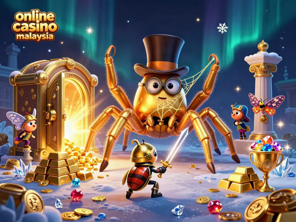Engaging scene at an online casino Malaysia with a golden tarantula, beetle knight, and sparkling treasures.