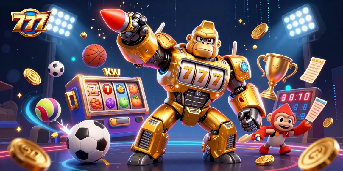 Experience the thrill of winning with 777 in this dynamic casino illustration featuring golden gorilla mech and sports elements.