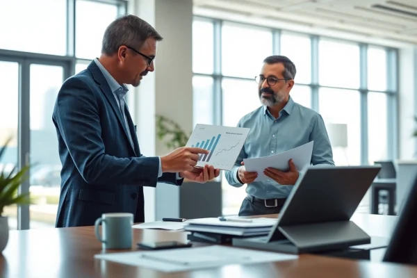 Engaging financial advisor discusses retirement planning for business owners San Antonio in a modern office.