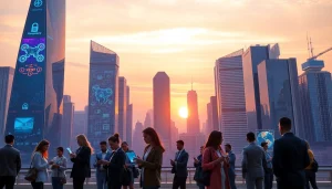 Technology showcases individuals engaging with advanced devices against a futuristic city backdrop.