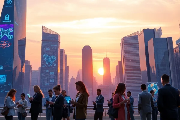 Technology showcases individuals engaging with advanced devices against a futuristic city backdrop.