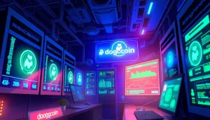 Visual representation of dogecoin cloud mining technology with digital interfaces and ASIC models