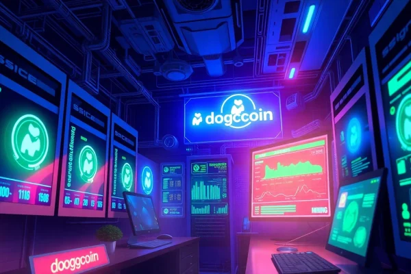 Visual representation of dogecoin cloud mining technology with digital interfaces and ASIC models