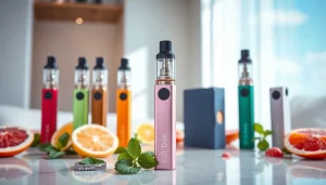 Elfbar E-Zigaretten mit farbenfrohen Geschmacksrichtungen in eleganter Anordnung zeigen.