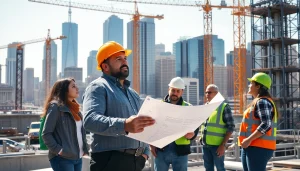 A professional New York City General Contractor manages a bustling construction site with a city skyline backdrop.