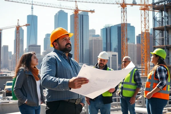 A professional New York City General Contractor manages a bustling construction site with a city skyline backdrop.