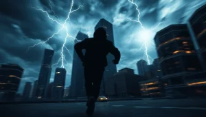 Engaging fast-paced thriller book cover featuring a shadowy figure racing through a stormy city.