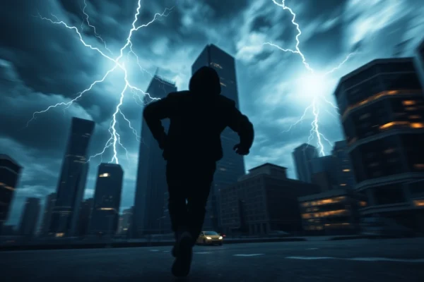 Engaging fast-paced thriller book cover featuring a shadowy figure racing through a stormy city.