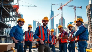 New York Commercial General Contractor team collaborating on a construction project in NYC skyline.
