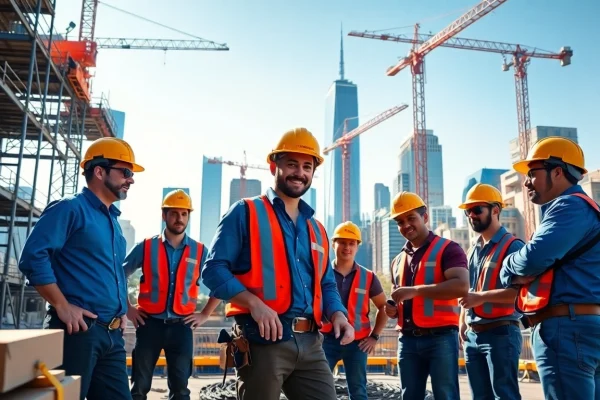 New York Commercial General Contractor team collaborating on a construction project in NYC skyline.