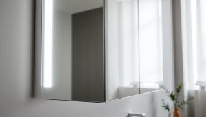 Unboxing a spiegelschrank mit led Beleuchtung in einem modernen Badezimmer.