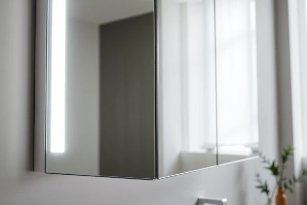 Unboxing a spiegelschrank mit led Beleuchtung in einem modernen Badezimmer.